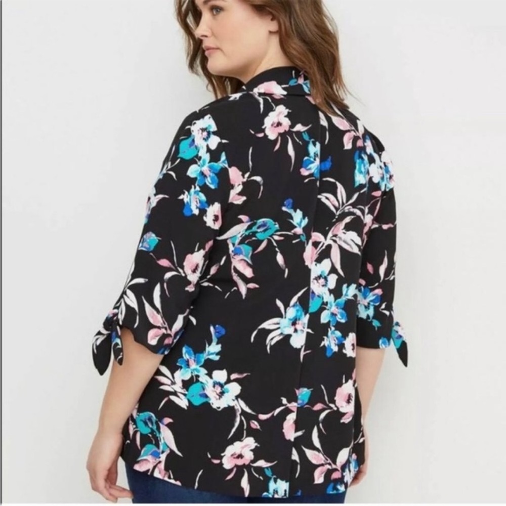 Lane Bryant Black Floral 3/4 Tie Sleeve‎ Open Front Blazer Jacket 22/24